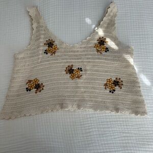 Floral Embroidered Cream Crochet Top
